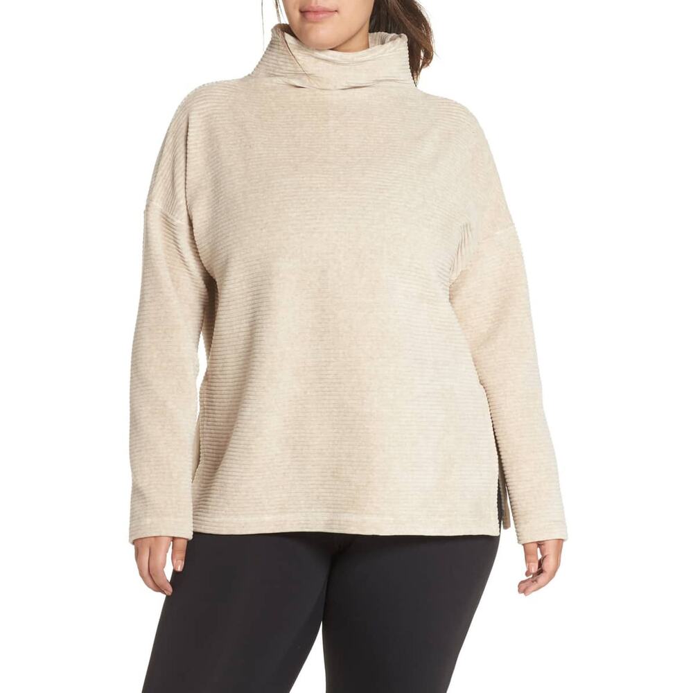 Zella Cream Funnel Neck Long Sleeve Ribbed Knit Pullover Sweater Plus Size 2X
